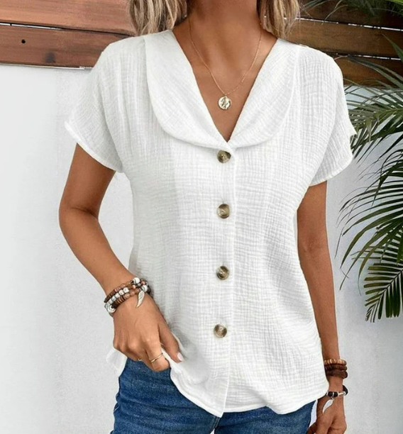 Blusa Estiva in Cotone a Bottoni con Colletto Morbido